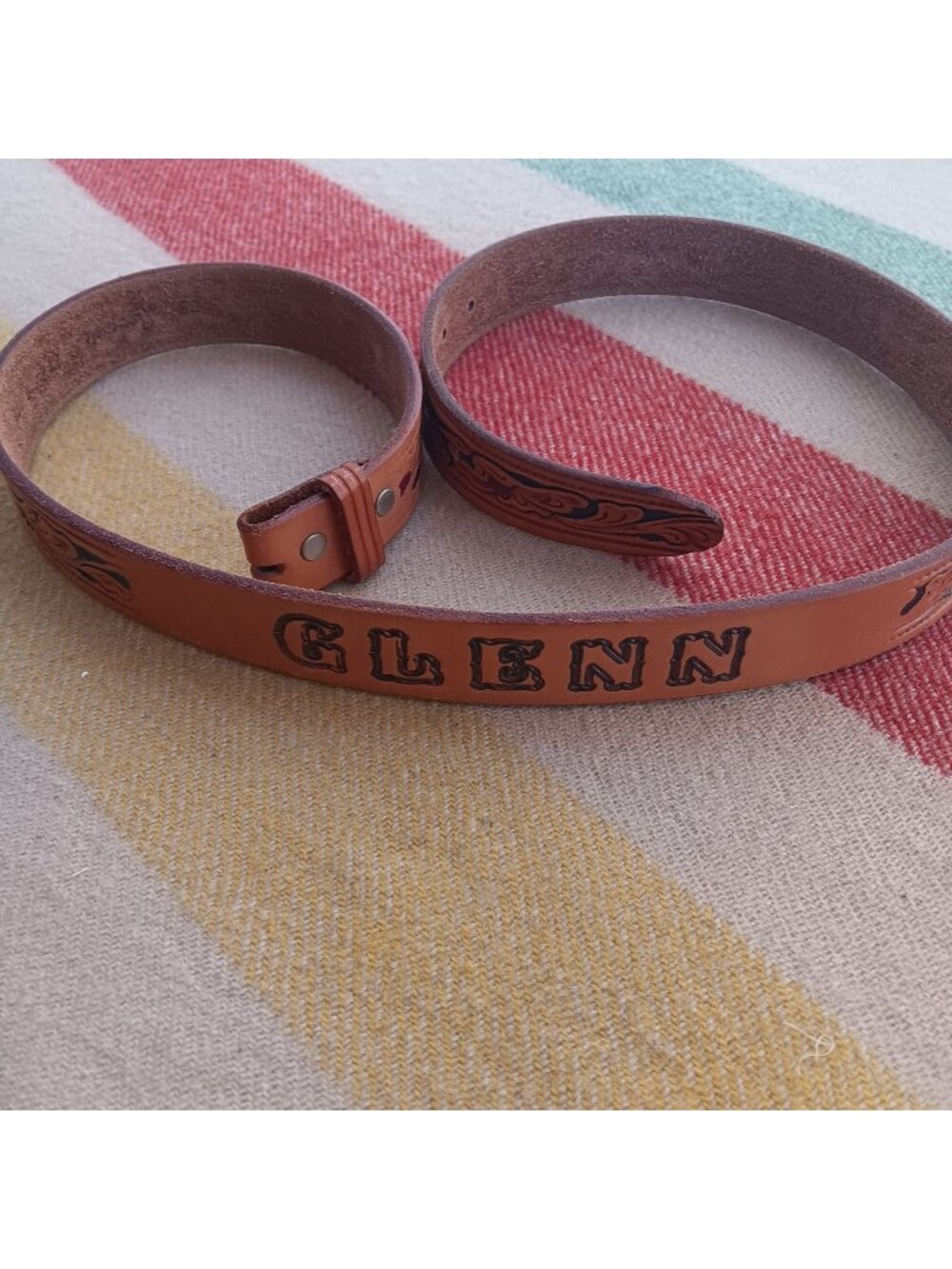 Vintage 38 Western Cowboy Belt Looper USA Monogram "Glenn" Tooled Floral 80s